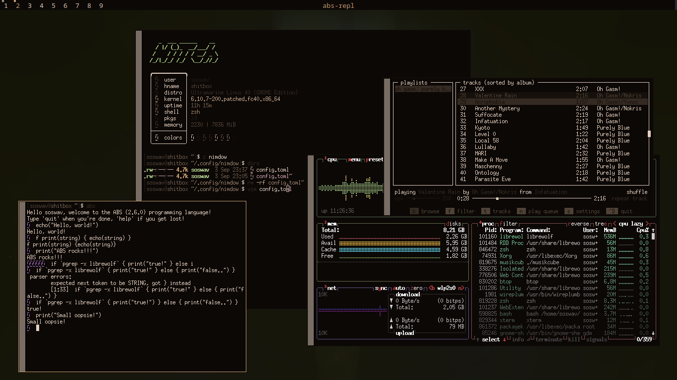 The Nimdow Window Manager showing various xTerm terminals, with most of them having something in them. 